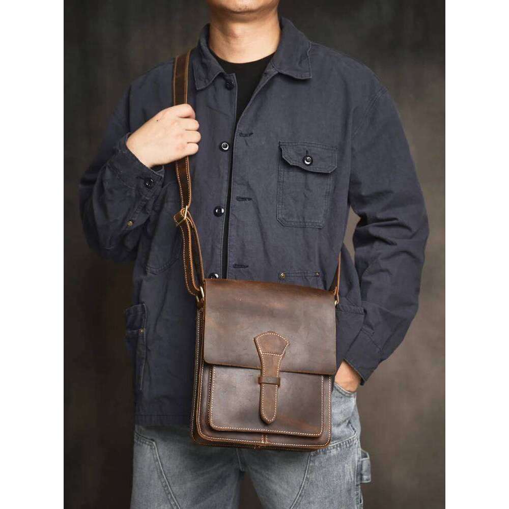 Messenger Sling Bags For Casual Genuine Leather Zipper Pouch Simple Small Crossbody Shoulder Men Bag