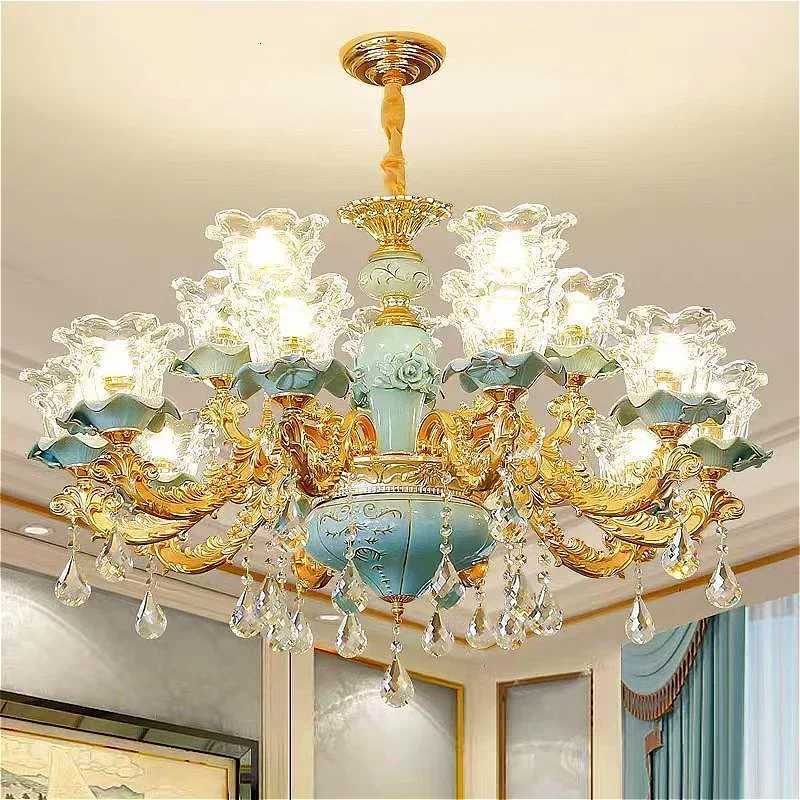 Chandelier Luxury Crystal Blue Ceramic For Living Room Ceiling Lamp Villa Bedroom Dining Room Indoor Home Decor Lighting Fixture XJ250725