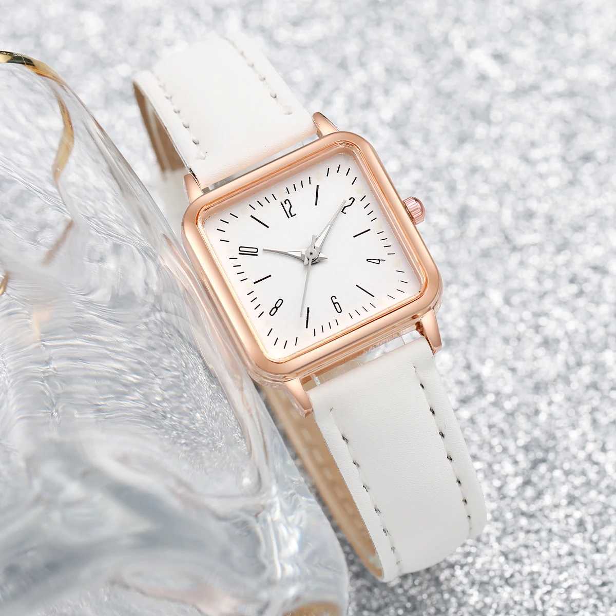 2PCS/set Fashion White Leather Strap Square Quartz Watch with Pearl Bracelet for Women X250726