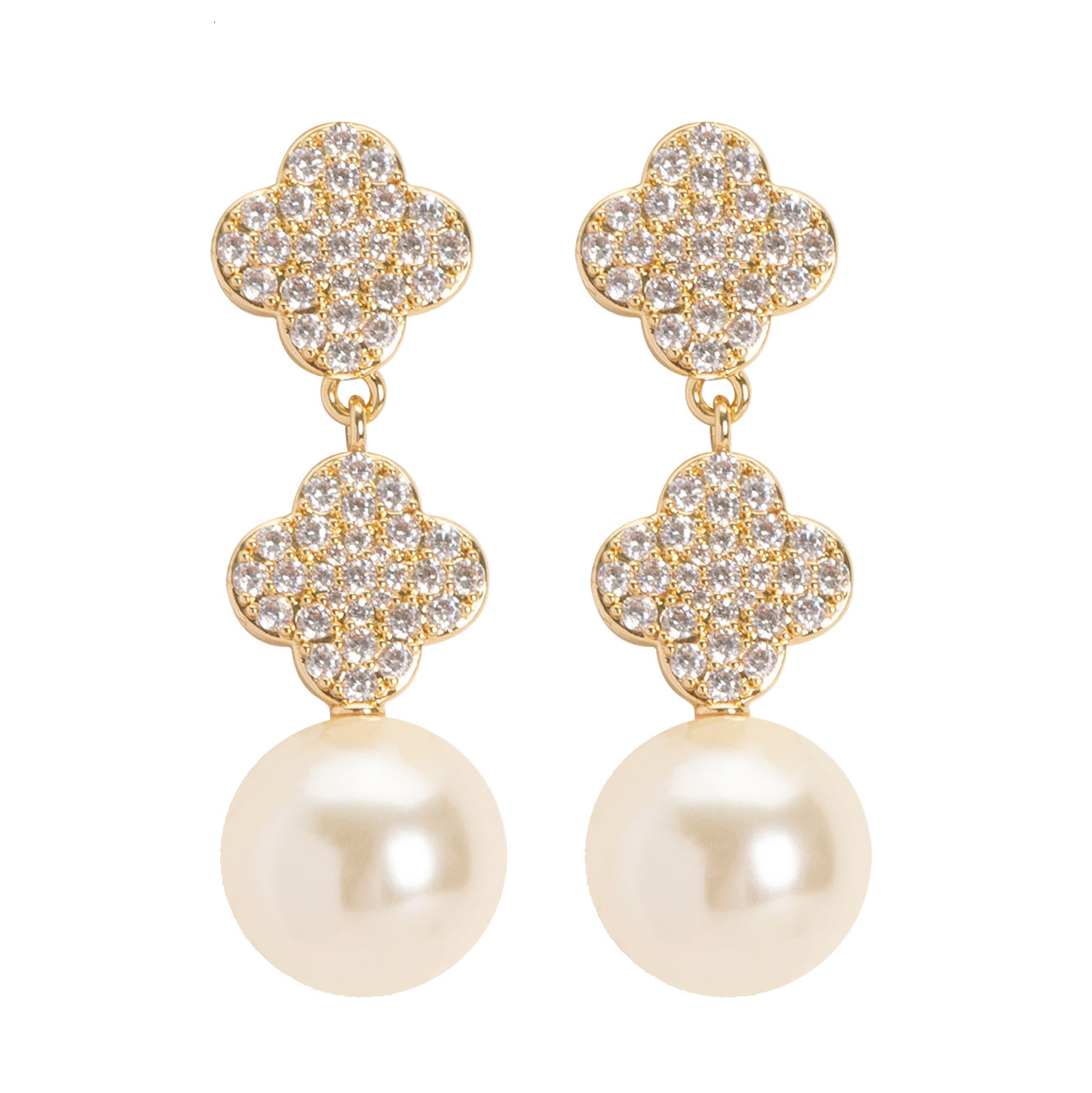 Fashion Exquisite Style Full Dia Four-Leaf Clover Pearl Tassel Earrings for Women High-End Long Niche Sier Needle Ear Jewelry