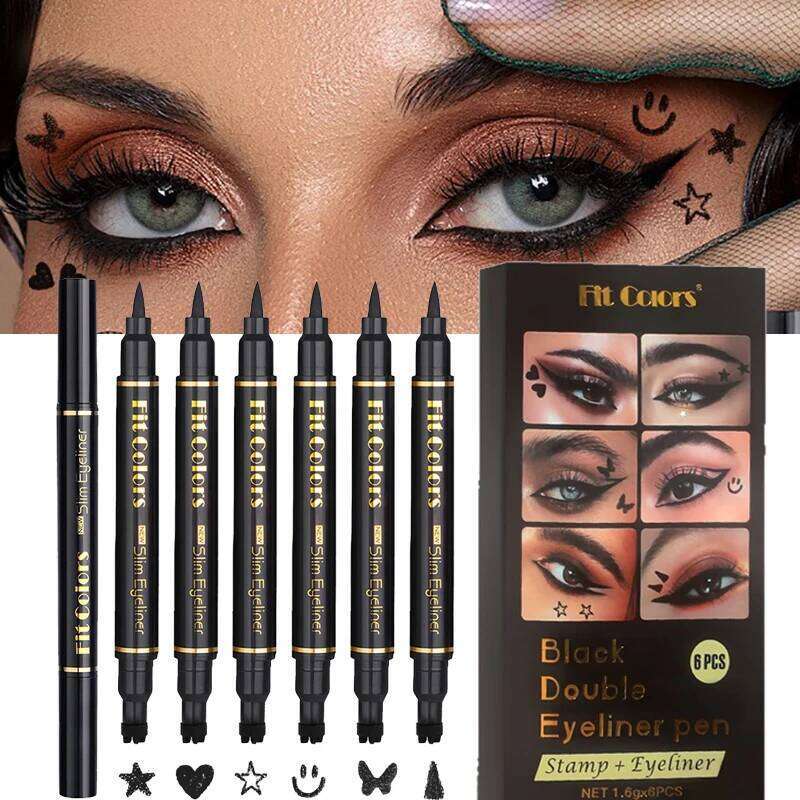 6PCS Stamp Liquid Eyeliner Set Waterproof Fast Dry Double-ended Black Heart Star Seal Tail Eye Liner Extension Makeup Kit X250726