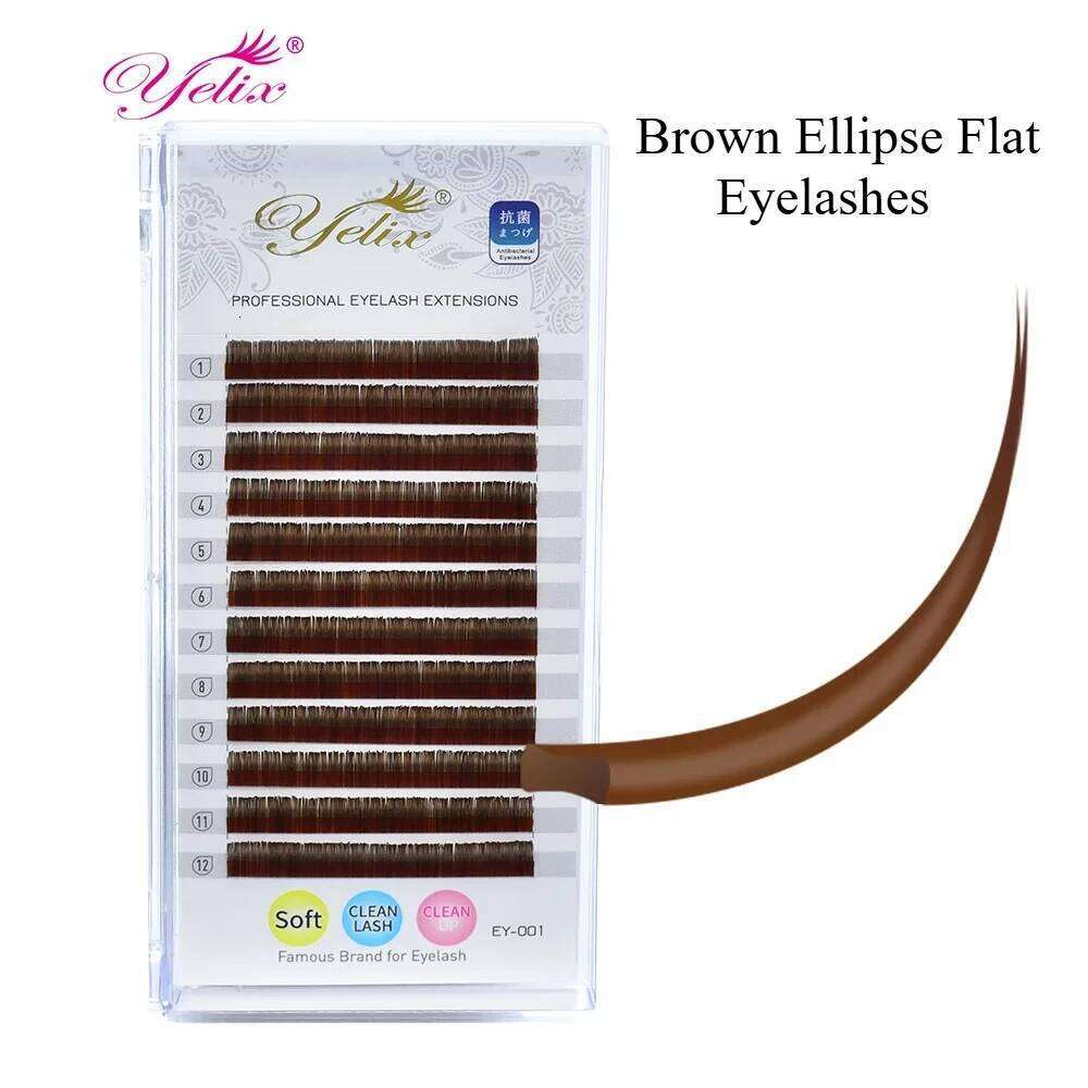 Yelix Brown Ellipse Flat Eyelashes Extensions 12 Rows B/C/D Curl Split Tips Super Soft Natural Eyelash Extension X250725
