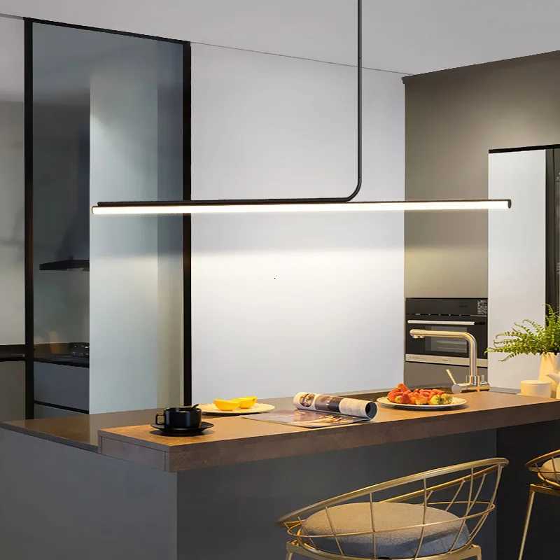 Modern Long Strip LED Pendant Lights for Living Dining Room Desks Kitchen Black Chandelier Home Decor Hanging Lighting Fixture XJ250725