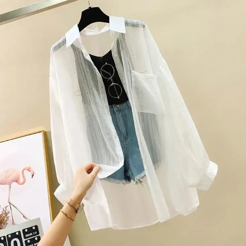 Summer Sunscreen Shirt Elegant Perspective Thin Chiffon Blouse Korean Harajuku See Through Loose Top Casual Womens Cardigan 250717
