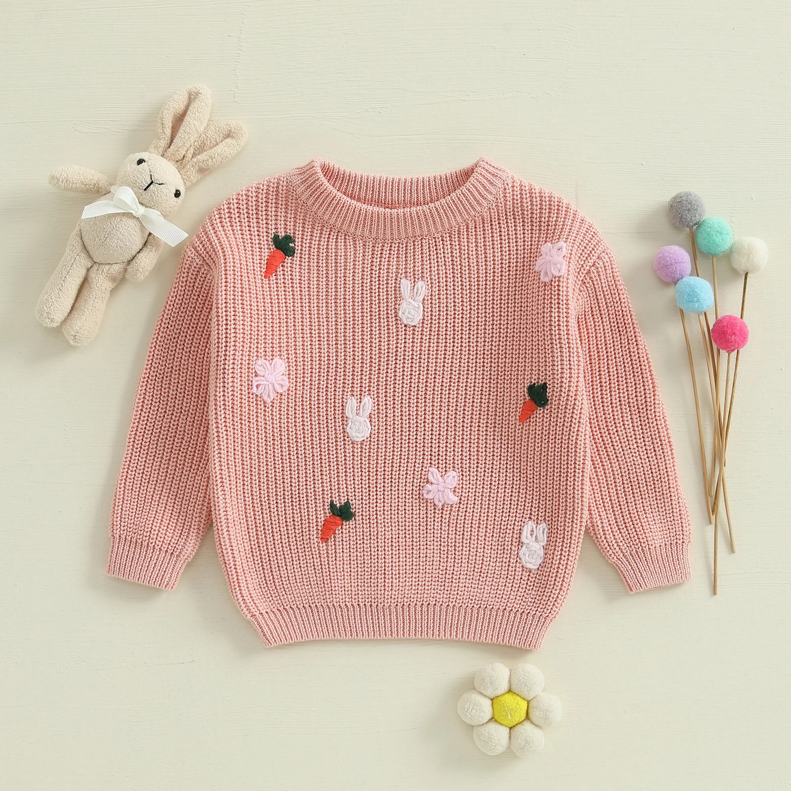 FOCUSNORM 0-4Y Little Kids Girls Knit Easter Sweater 2 Colors Long Sleeve O Neck Rabbit Carrot Embroidery Pullover Knitwear Tops 250725