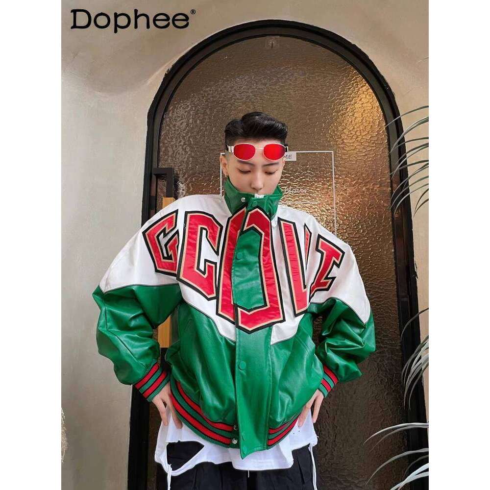 Men's And Women's 2025 Spring New Contrast Color Embroidery Handsome High Street Faux Coats Stand Collar Leather Jacket