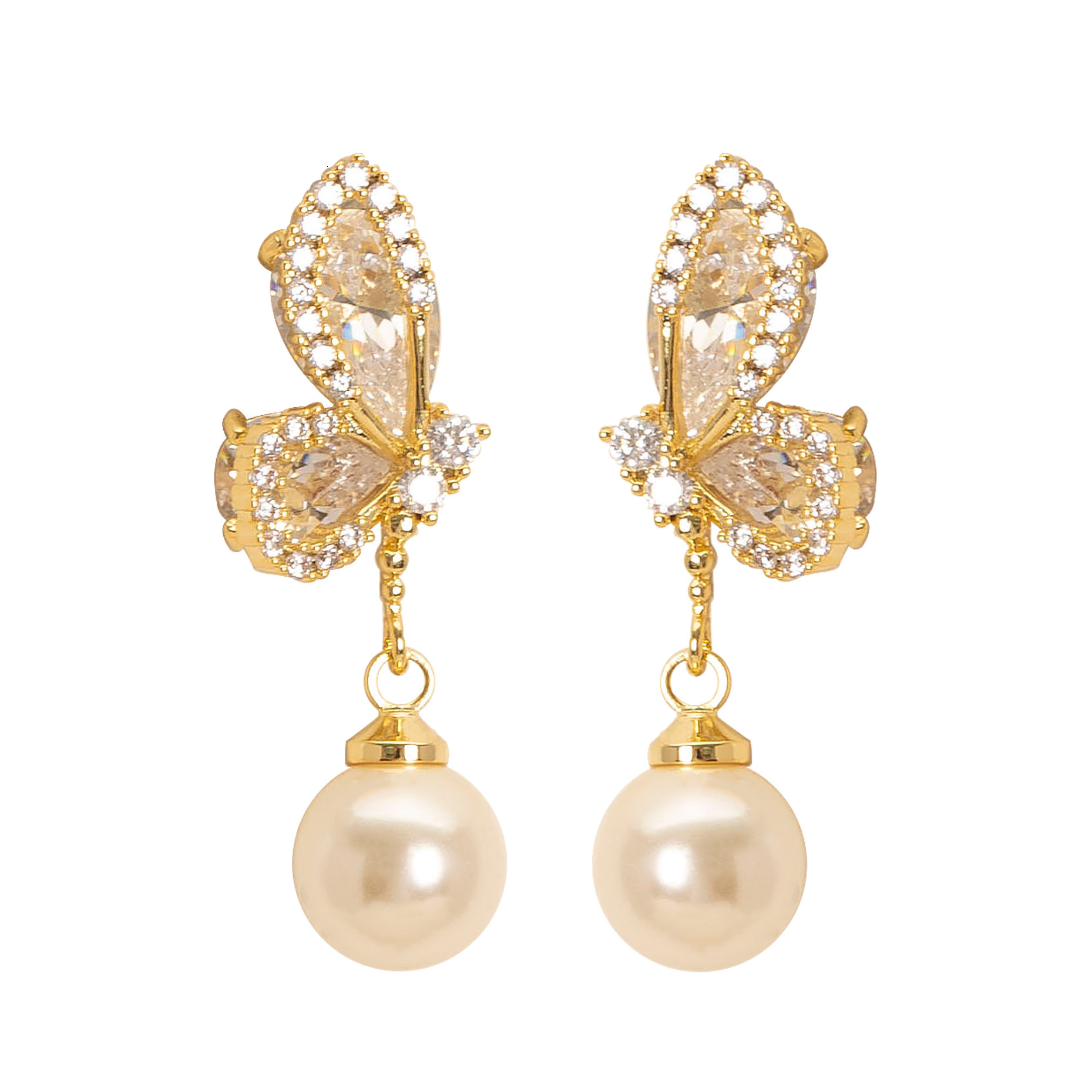 Sier Needle Korean Version Super Fairy Exquisite Crystal Zircon Butterfly for Women High-end Elegant Versatile Pearl Stud Earrings Jewelry
