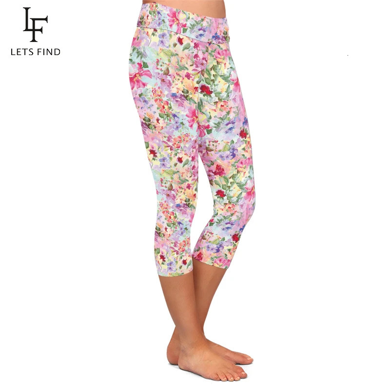LETSFIND Summer Hand Drawn Floral Print High Waist Women Legging Fitness Sexy Stretch Slim MidCalf 34 Leggings 250725