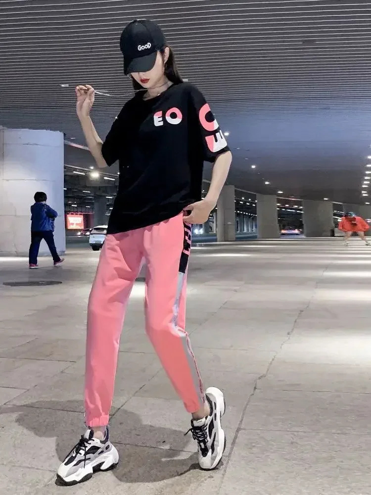 2 Pieces Sets Women Sportswear Printed T-shirt Women Sports Pants Casual Tracksuit Female Clothing 250717