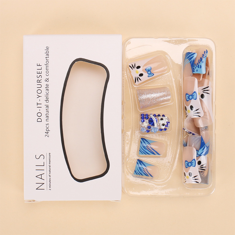 Extra Long Square Fake Nail with Glue 3D Blue Color Cute Full Cover False Nails White French Press on Nails Wearable Manicure