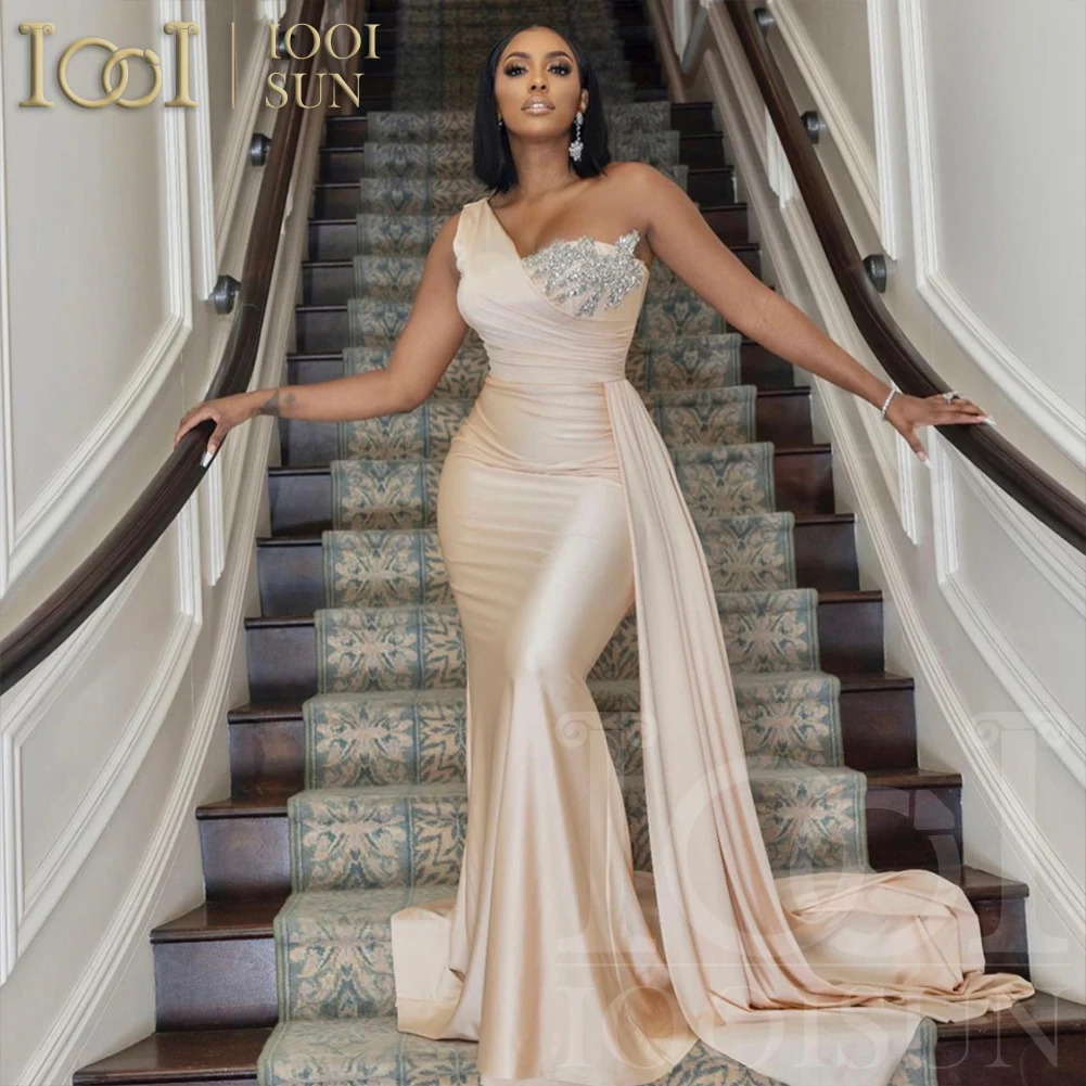 IOOISUN Customized Champagne Bridesmaid Dress Beaded Crystal One Shoulder Wedding Party Gown Long Fomal Dresses Robe 250725