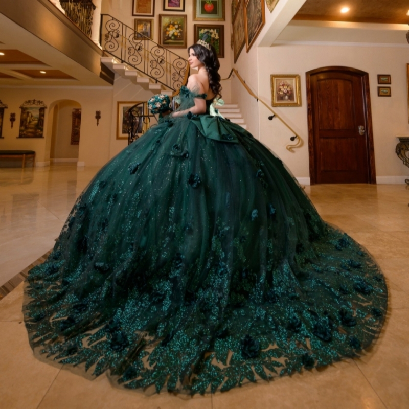 Blackish Green Shiny Quinceanera Dresses Ball Gown Off The Shoulder Sequin Applique Flower Beading Tull Party Birthday Sweet 16 Dress Vestidos 15 Anos
