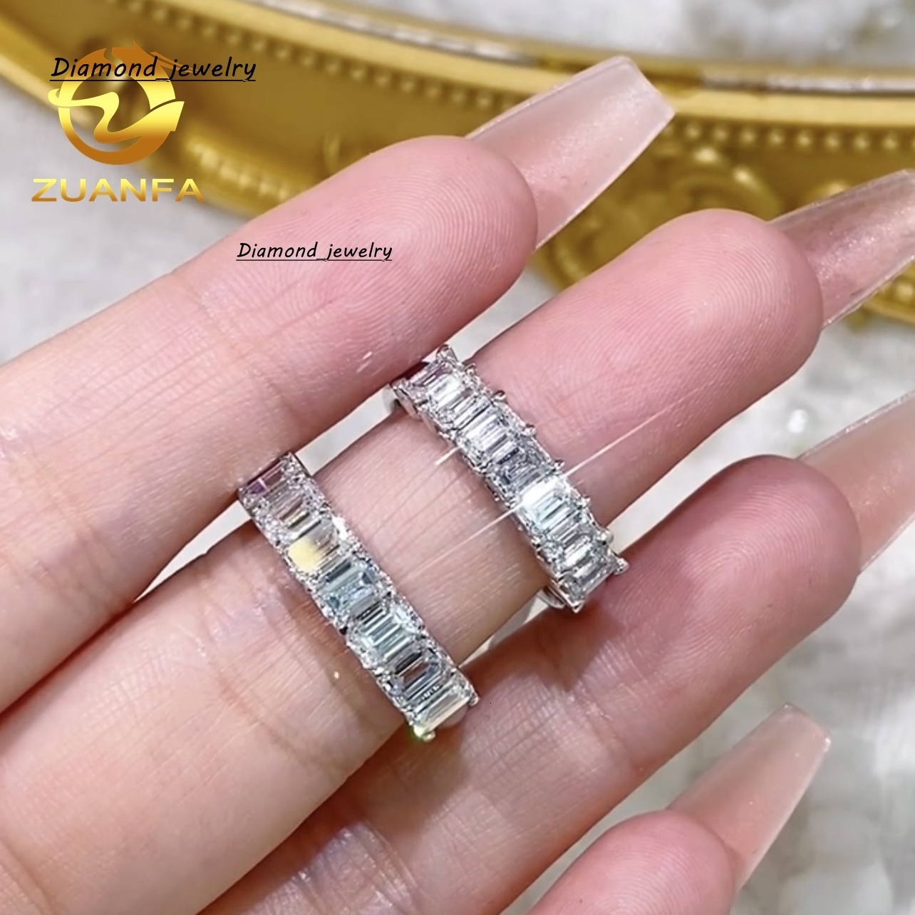 14K White Gold 0.1CT 0.2CT Emerald Cut VVS Lab Grown Diamond Ring Band Eternity Ring