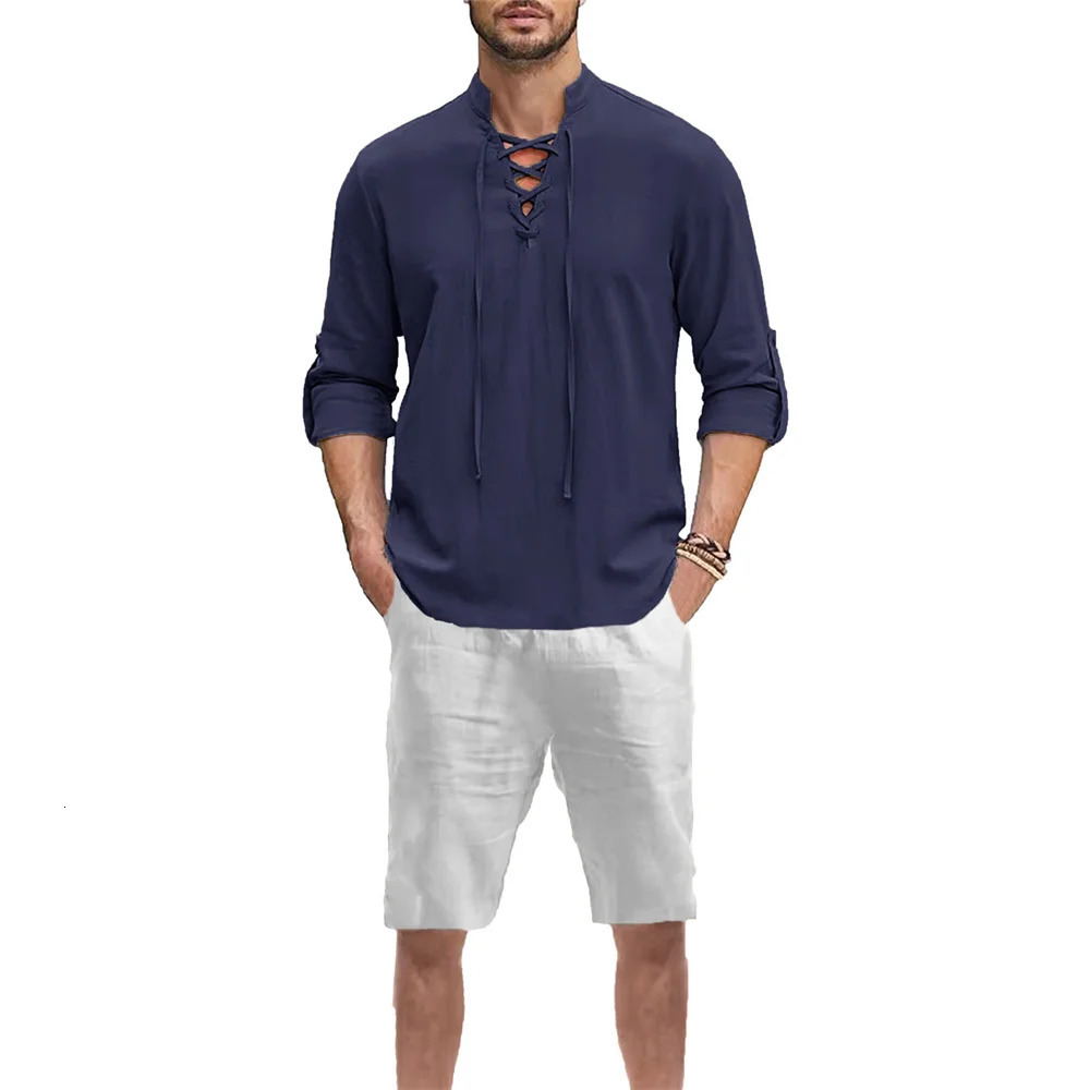 Mens Vintage Lace Up Vneck Shirt Suit Casual Solid Color Breathable Lightweight Fashion Summer Sets Male Outfit 250724