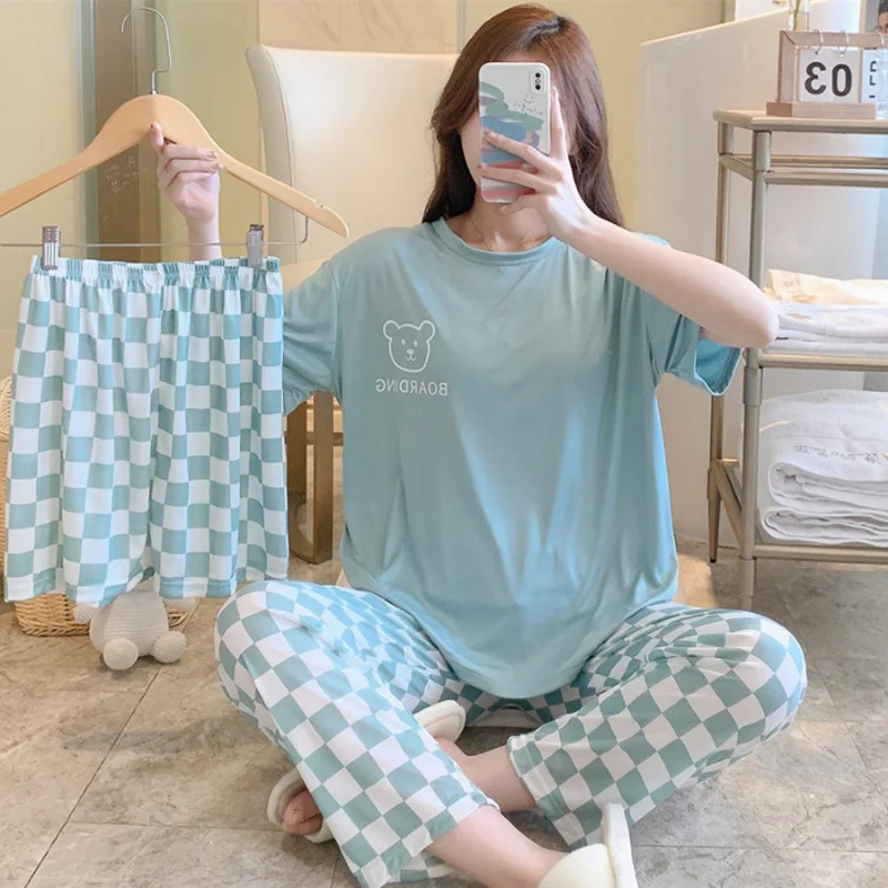 womens summer threepiece pajamas homewear women shortsleeved trousers cartoon leisure set 250717