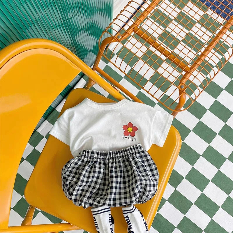 ute Floral Pattern Baby Girls Short Sleeve Suit Summer Clothing Childrens Tshirts Plaid Shorts Kids 2 Piece Set Girl Clothes 250725