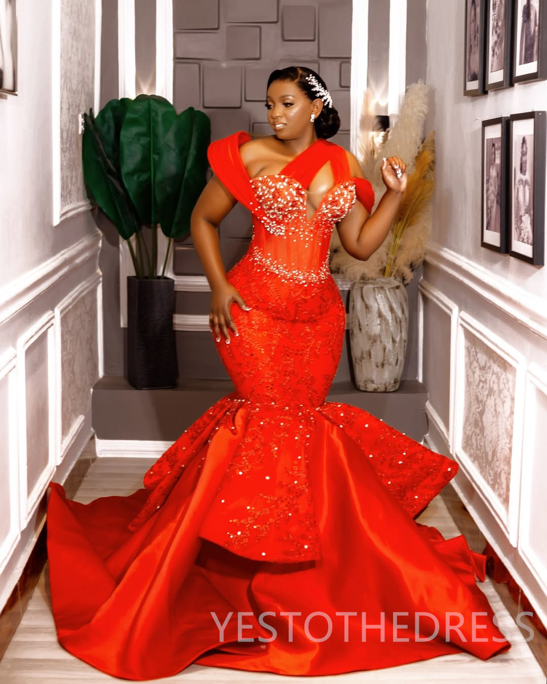 2025 Plus Size Red Prom Dress Evening Dresses Mermaid Formal Gowns For Black Women One Shoulder Pearls Beaded Lace Birthday Dress Second Reception Gow