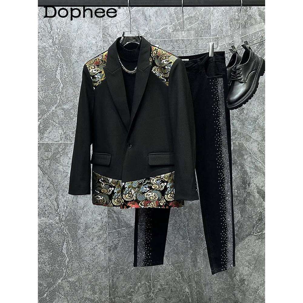 Spring 2025 New Embroidery Splicing Male Long Sleeve Jackets Trendy Handsome Men's Blazers Loose-Fitting Casual Suit Jacket