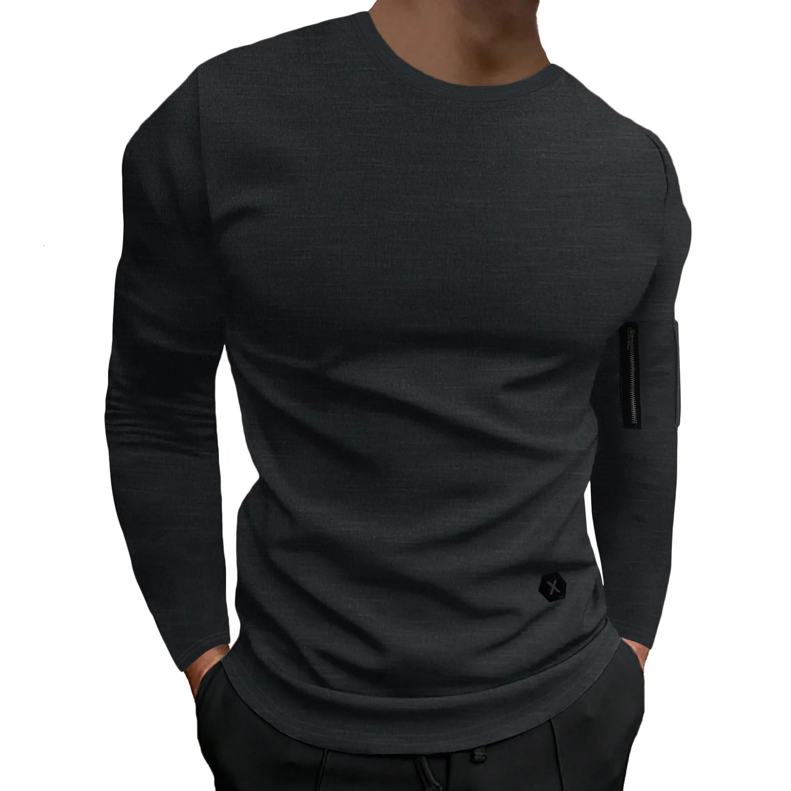 Slim Round Neck Long Sleeve T-Shirt Men with Arm Zipper Unique Casual Base Layer 250725