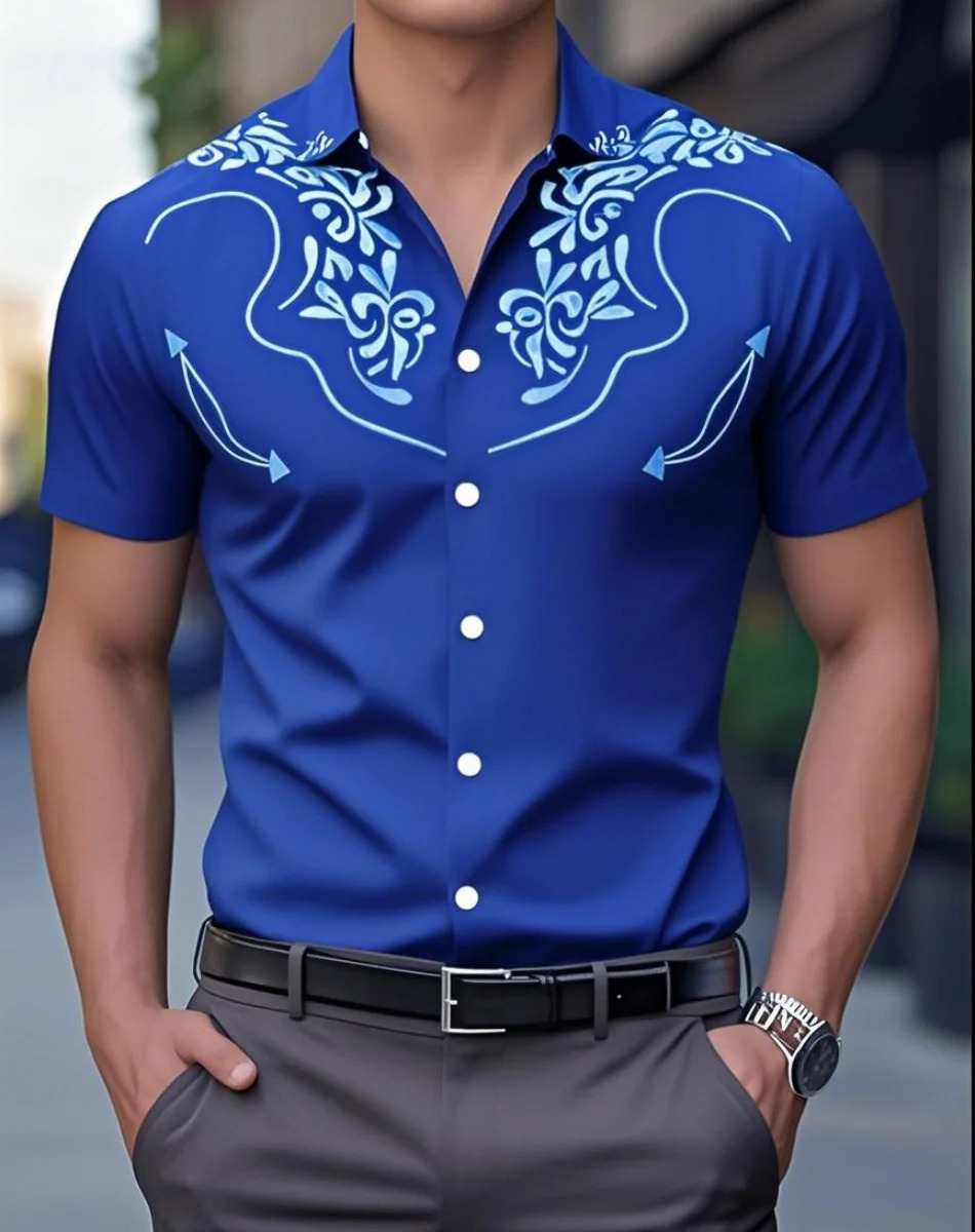 Mens 3D Retro Print Denim Shirt ShortSleeved Outdoor Street Fashion Classic Western 250725