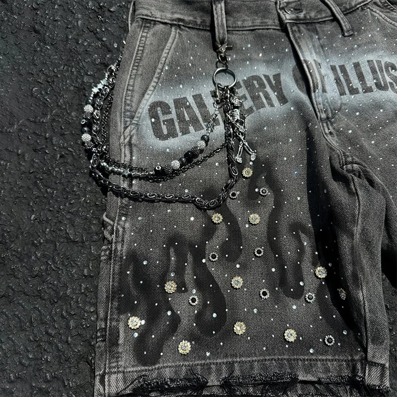 2K Fashion Distressed Jeans Retro Rhinestone Flame Pattern Printing Casual Washed Denim Shorts Men Women High Waist Streetwear 250724