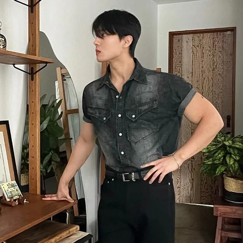 IEFB Niche n Mens Denim Shirts Turndown Collar Single Breasted Washing Solid Color Short Sleeved Loose Male Tops 9W2513 250725