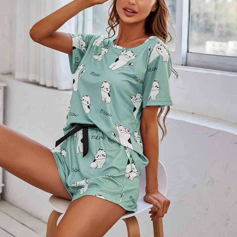 Women Pajamas Sets Short Sleeve Nightwear Top and Pants Sleepwear 2 Piece Pjs Loungewear Cartoon Print Pyjamas Set 250717