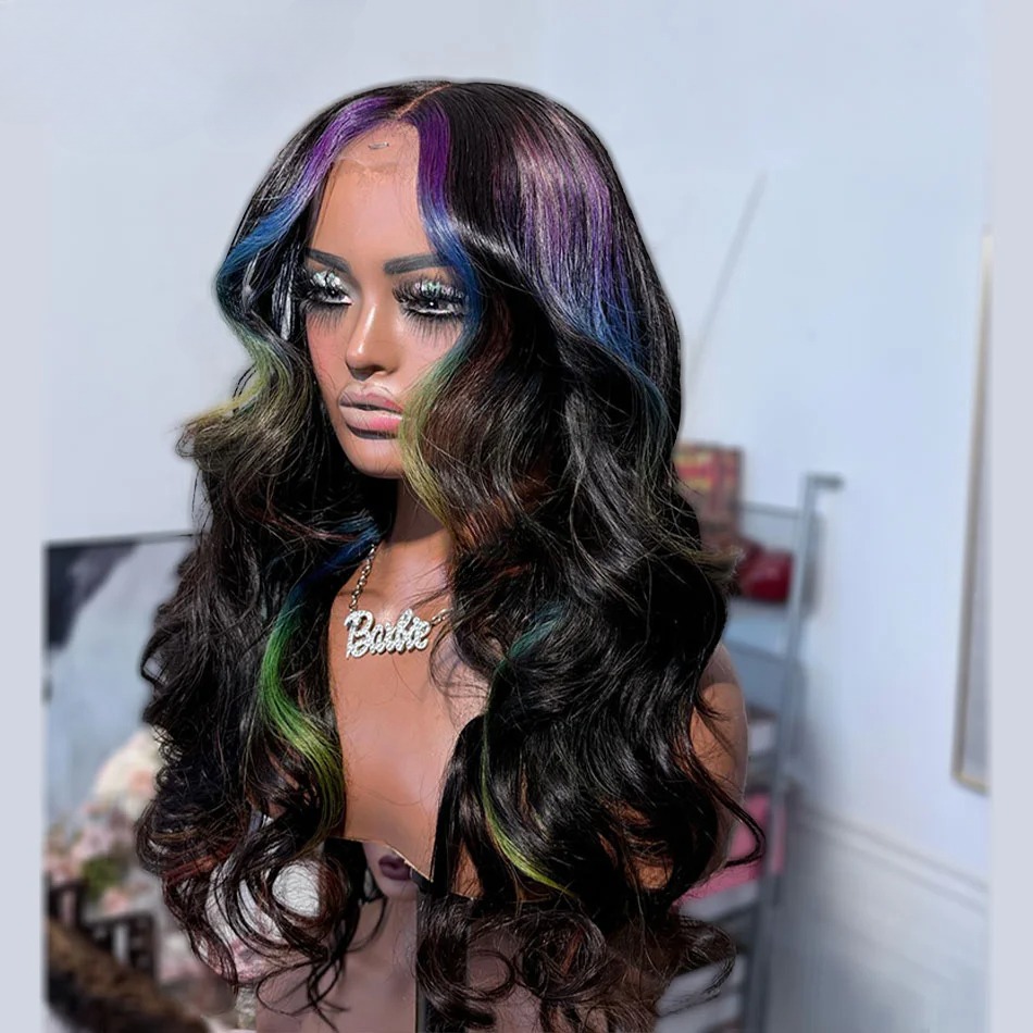 Highlight Ombre Purple Blue Green Multicolor 13x4 Transparent Lace Frontal Wig Synthetiv Body Wave PrePlucked Ready Go Closure Wig pelucas de mujer