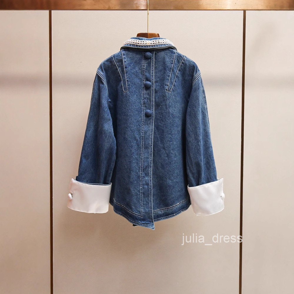 Womens Fashion Modern Pearl Chain Denim Jacket + Wide-Leg Pants + Skirt