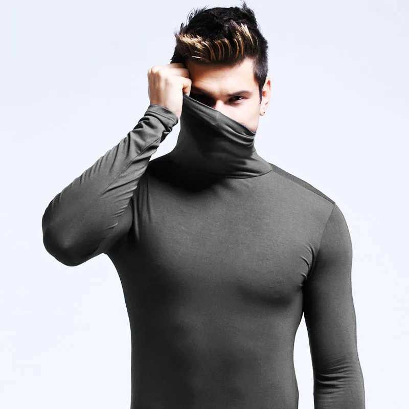2023 new Mens High Neck Slim Fit Long Sleeve T-shirt turtleneck for men slim elastic thin pullover Z250725