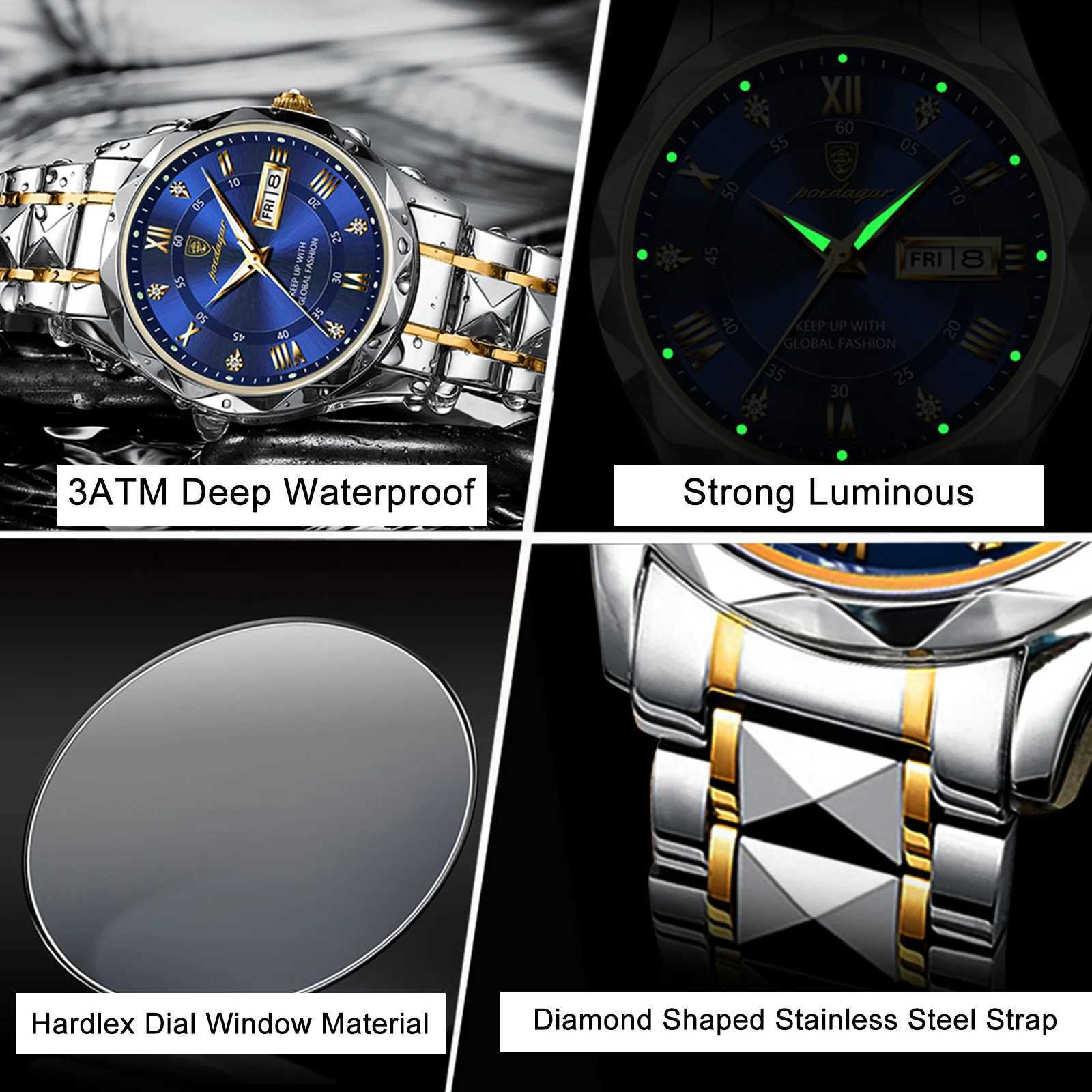 POEDAGAR Business Luxury Mens Watches Waterproof Stainless Steel Luminous Man Wristwatch Date Week Sport Men Quartz Watch Reloj X2507261