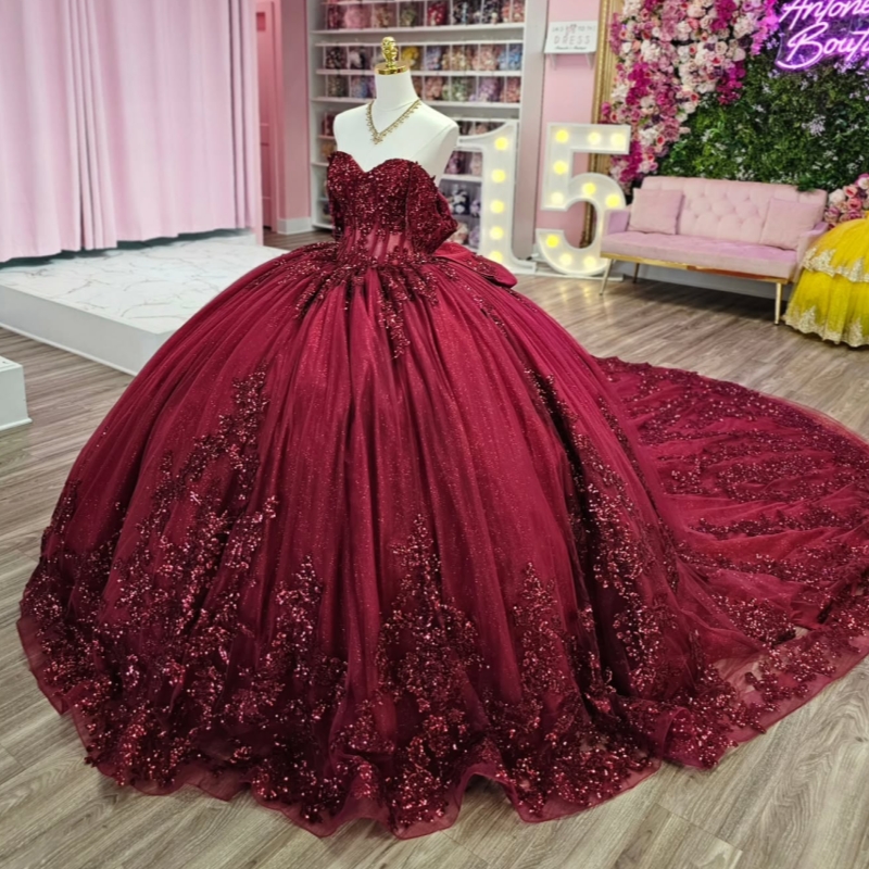 Red Shiny Quinceanera Dresses Ball Gown Off The Shoulder Applique Lace Bow Beading Party Birthday Sweet 16 Dress Vestidos 15 Anos