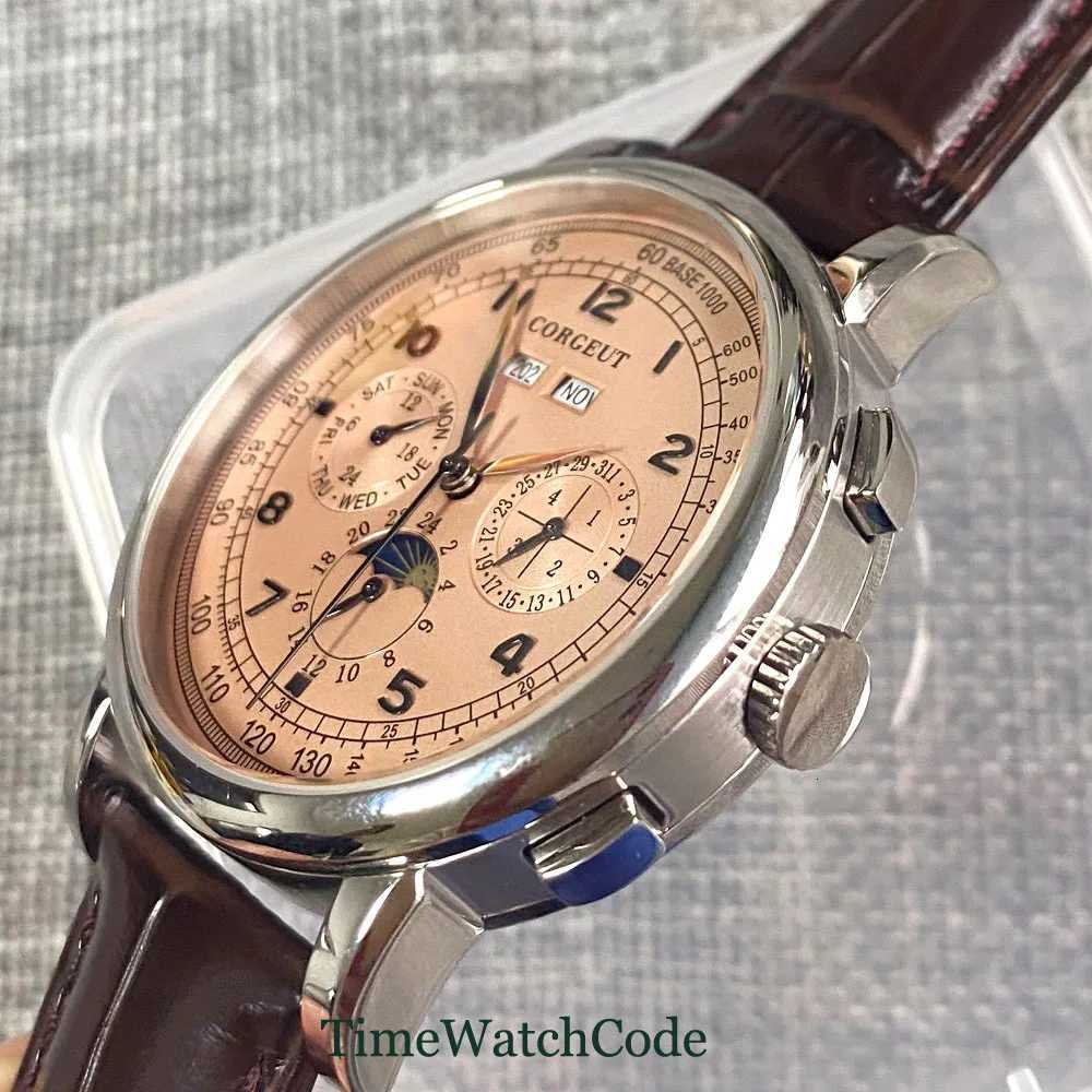 42mm Corgeut Automatic Mens Watch Date Day Month Year Salmon Dial Multi-Function 316L Leather Strap Polished Case Day Night X250726