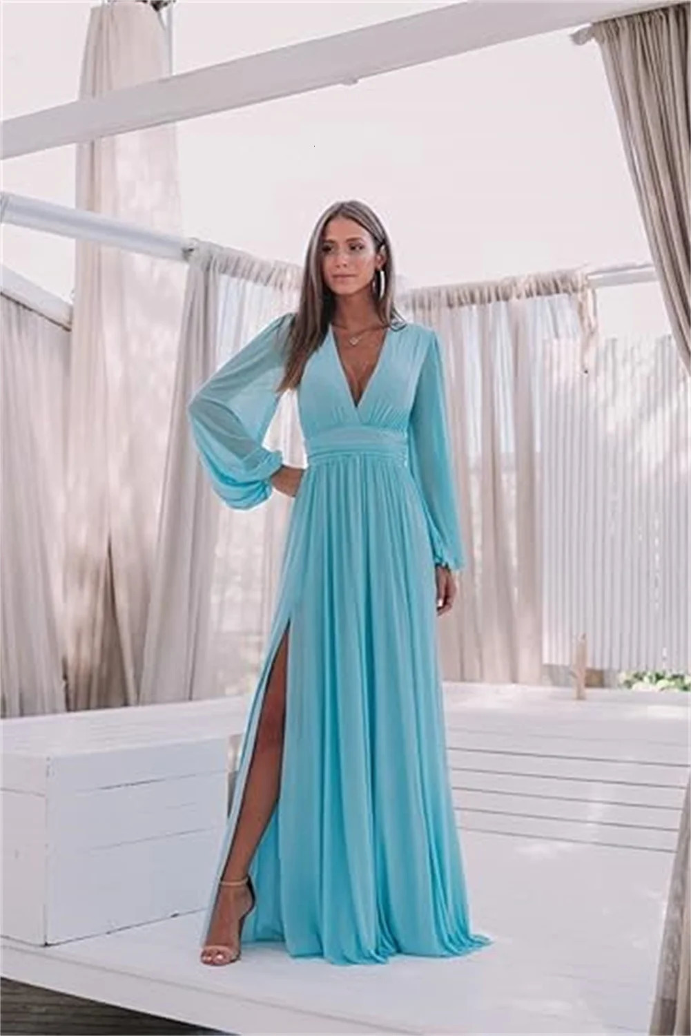 Long Sleeves V Neck Bridesmaid Dresses For Wedding Side Slit Flowy Chiffon Evening Formal Sexy Prom Dress Plus Size 250725
