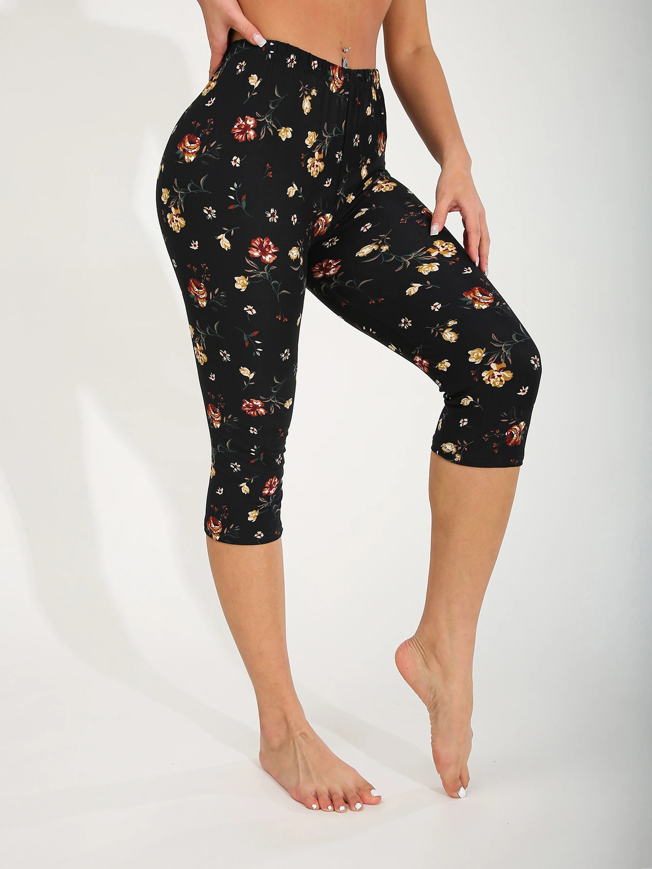 CUHAKCI Spring Summer Fashion Brushed Womens Legging Sexy Simple Yellow Flower Seven Part Pants Elastic Fitness Yoga 250725