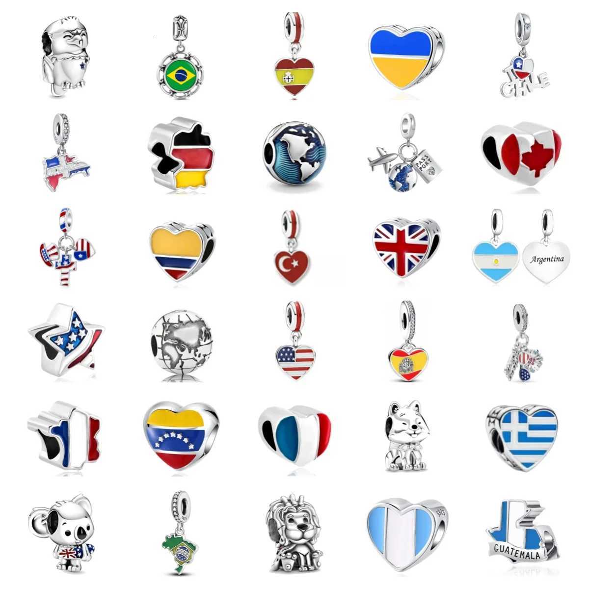 2025 Europe 925 Sterling Silver National Flag Charm Fits Original Bracelet Jewelry Ukraine Canada Brazil Pendant Dangle Bead Gift XJ250726