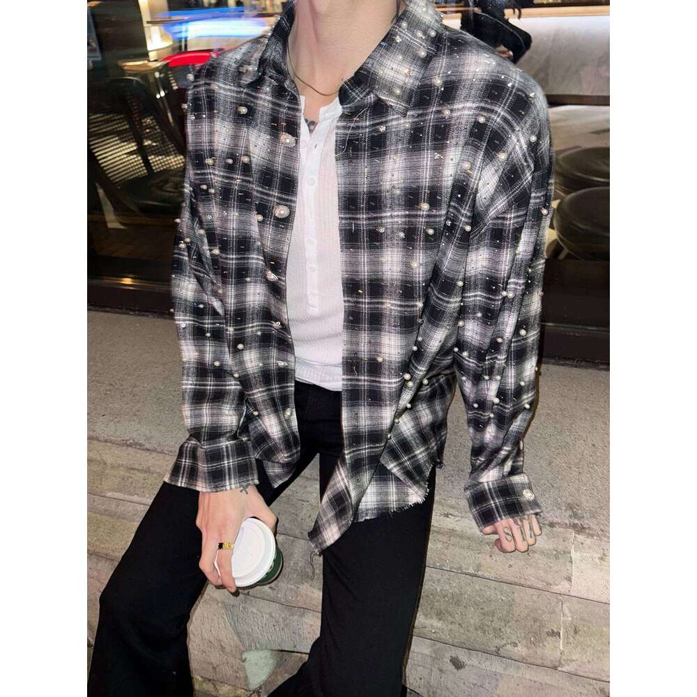 Men's Hot Dia Bead Plaid Shirts 2025 Spring And Autumn New Niche High-End Lapel Tops Loose Comfort Long-Sleeve Chic Shirt