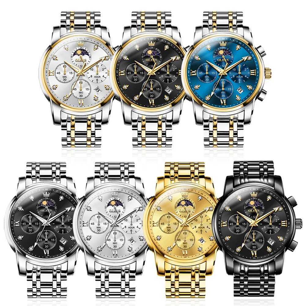 OLEVS Top Luxury Brand Mens Watches Moon Phase Chronograph Quartz Watch for Man Gold Stainless Steel Luminous Watch X250726