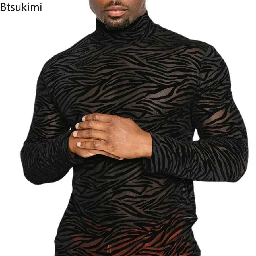 Mens T Shirt Perspective Turtleneck Long-sleeved Lace Tight Fitting T-shirt for Men Streetwear Bottoming Shirt Inside Male Tops Z250725
