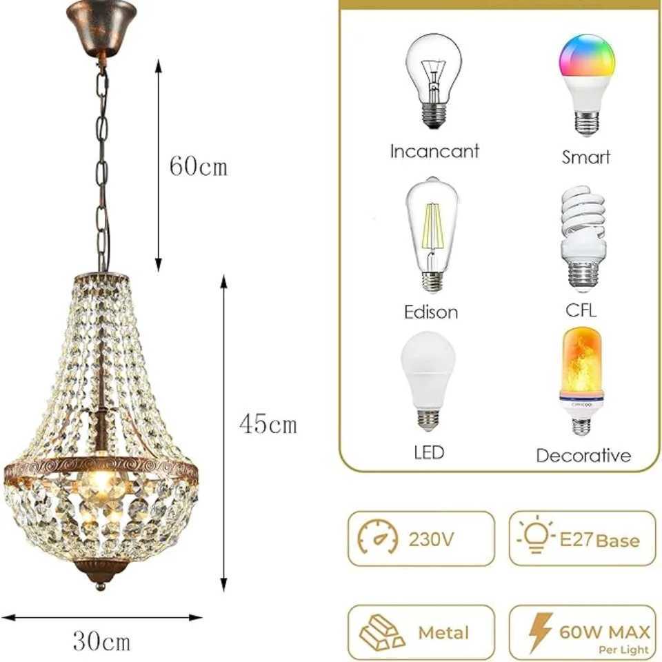 LED Crystal Chandelier Gold Vintage Industrial Dimmable Pendant Light Dining Table Lamp Hanging Room Crystal Pendant Lamp XJ250725
