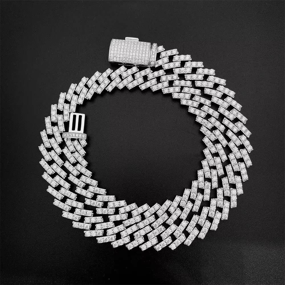 Mens Hip Hop 925 Sterling Silver 13mm Single Row Moissanite Diamond Cuban Chain Necklace