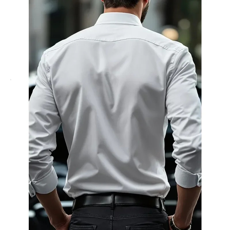 2025 Mens Shirt Solid Color Long Sleeve Smart Casual Four Season Elastic Male Business Shirts 250717