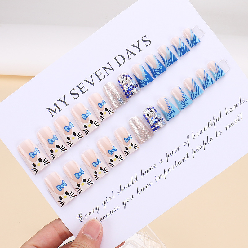 Extra Long Square Fake Nail with Glue 3D Blue Color Cute Full Cover False Nails White French Press on Nails Wearable Manicure