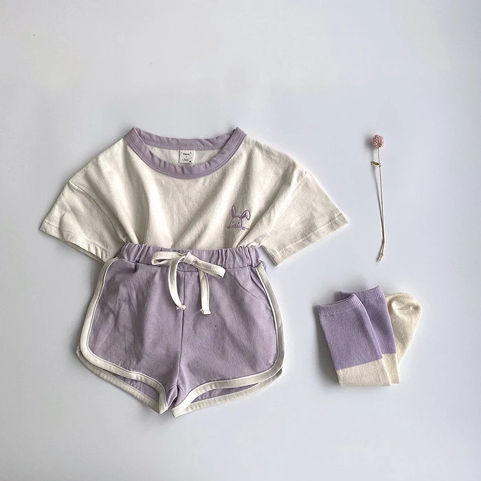 Summer Baby Clothes Cotton Set Bunny Embroidered TShirt Solid Color Elastic Waist Shorts Two Piece Sets Boys and Girls 250725