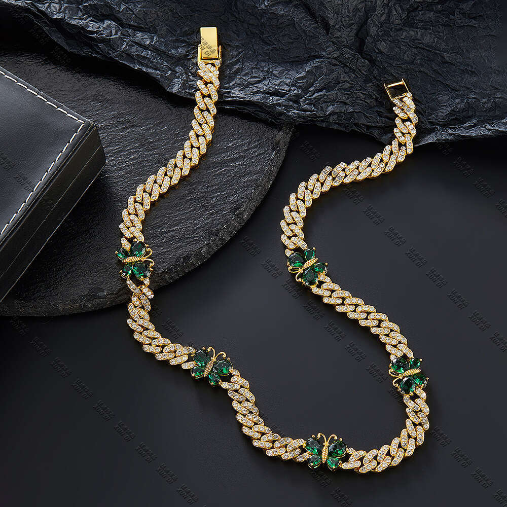 Butterfly Necklace Hip-Hop Jewelry Emerald Alloy Rhinestone High-End Versatile Electroplated Cuban Chain