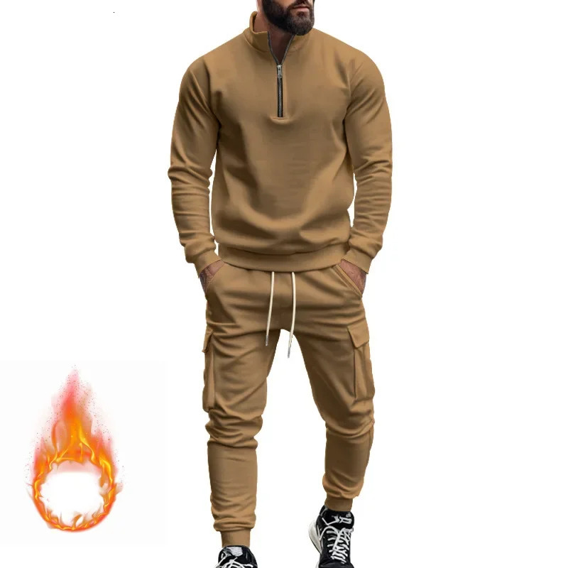 Autumn and Winter Mens Casual Velvet Warm Zipper Sports Trousers Set 250725