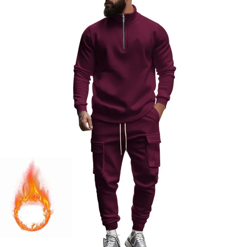 Autumn and Winter Mens Casual Velvet Warm Zipper Sports Trousers Set 250725