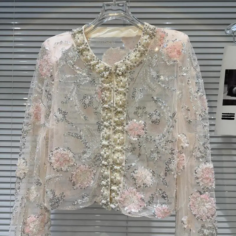 Spring Summer Women Pearls Beaded 3D Flowers Embroidery Sequin Organza Short Jacket Mesh Spliced Floral Coat Cardigan Tops 250725