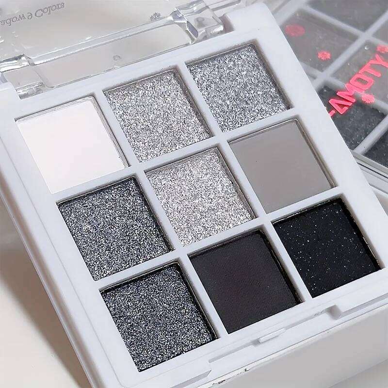 9 Colors Eyeshadow Palette, Dark Black Grey Siery Color Shimmer Matte Glitter Finish y Style