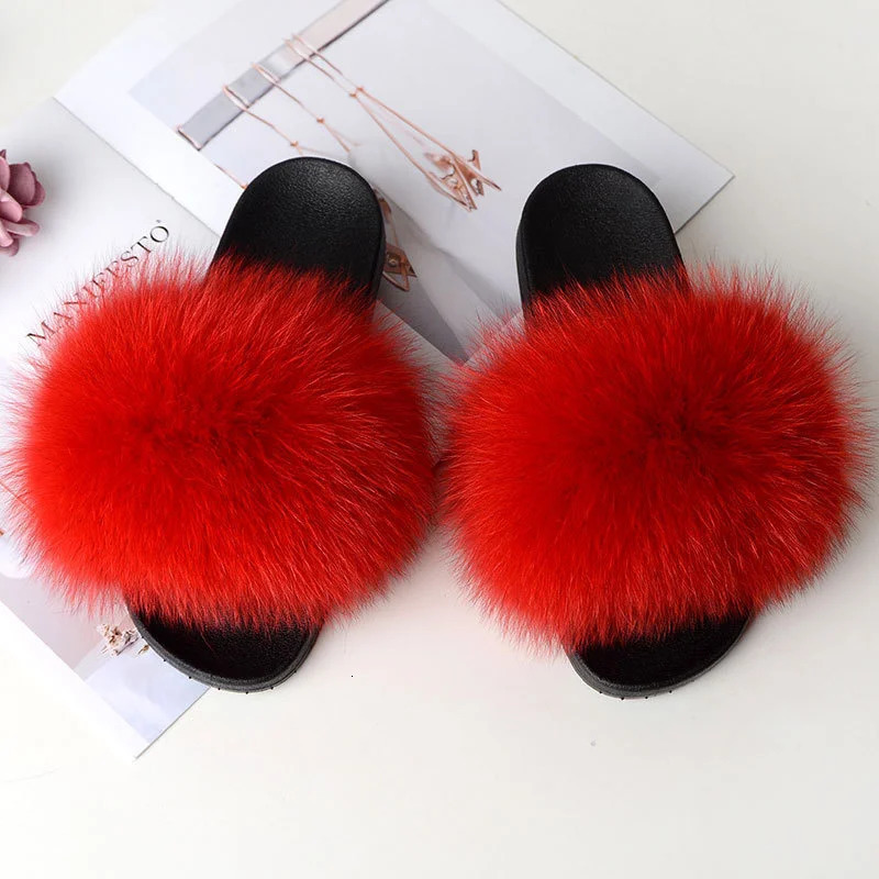 Fur Slippers Summer Women Real Fox Fur Slides Home Furry Flat Sandals Non-Slip Fluffy Flip Flops Ladies Woman Cute Plush Shoes 250724